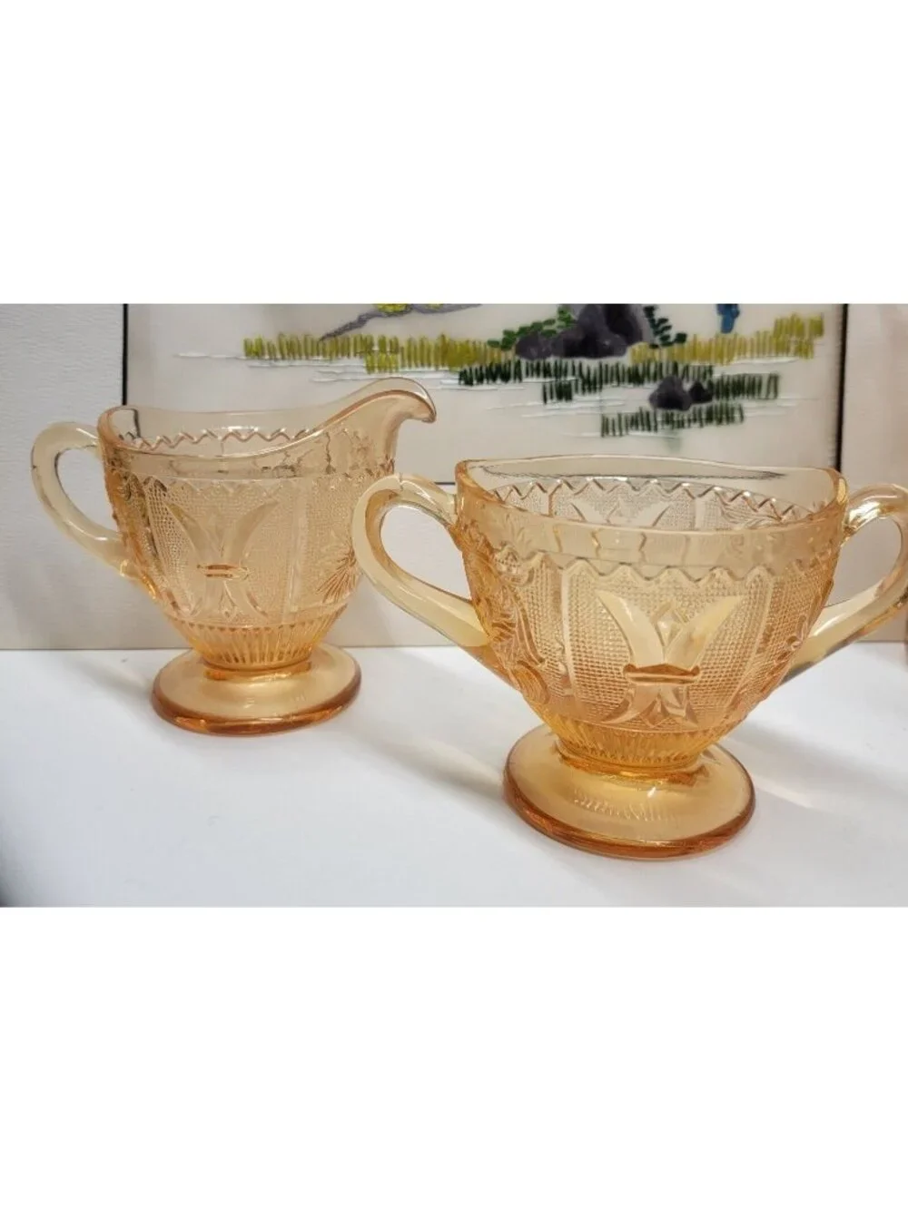 Westmoreland Glass Princess Feather Amber Golden Sunset Sugar Bowl & Creamer Set